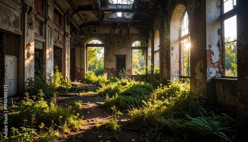 Overgrown ruins of a sunlit building, nature reclaiming the space with plants growing through dilapidated structure