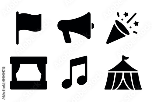 Silhouette icons of celebration: flag, megaphone, confetti, theater, music note, circus tent
