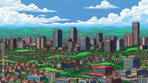 Retro pixel cityscape with vibrant skyline and green hills under blue skies
