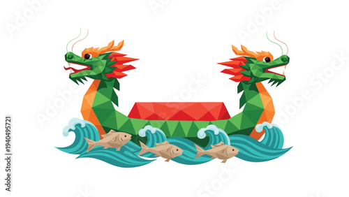 Colorful geometric dragon boat with waves and fish