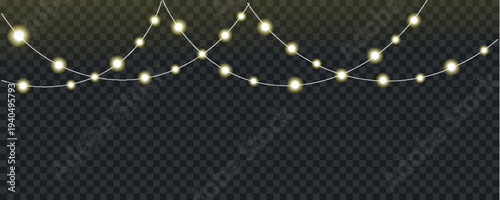 Illuminated string lights with glowing white and green bulbs cascade across a transparent dark background high-quality