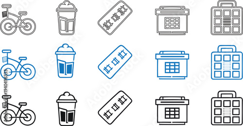 Collection of bicycle bus and building icons in black and blue lines on white background