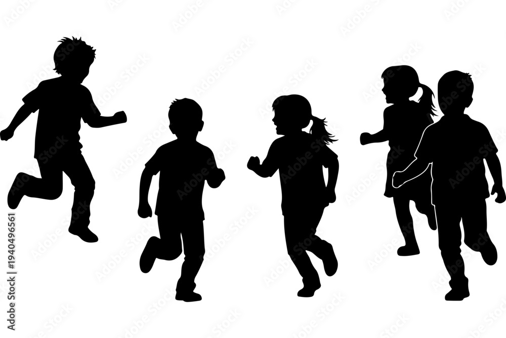 Obraz premium Children Running Silhouettes Vector Illustration