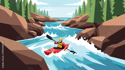 Kayaker navigates rapids in stunning low poly river landscape