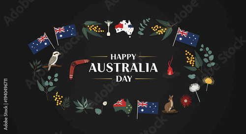 Joyful Australian National Celebration Design Featuring Iconic Native Wildlife, Flora, and Flags Encircling a Festive Greeting