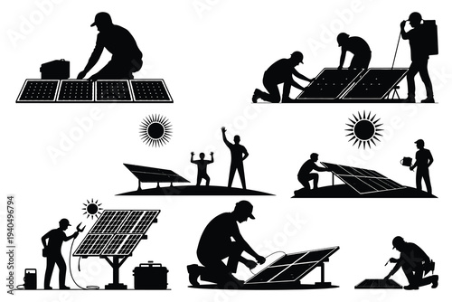 Solar panel installation silhouettes solar panels workers
