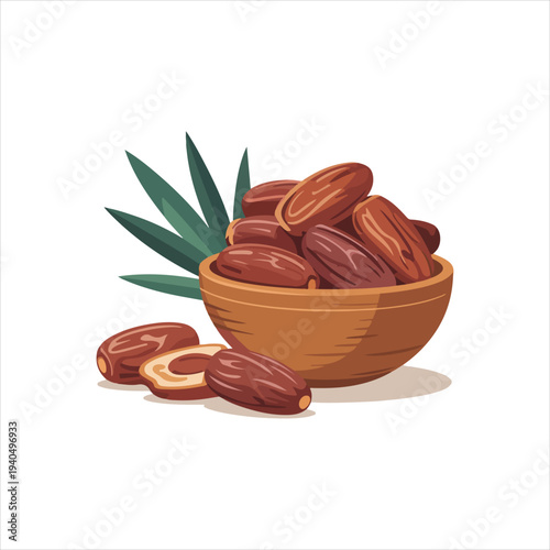 Bowl of Dates with Palm Leaves and Sliced Fruit Healthy Food Sweet Snack Vegetarian