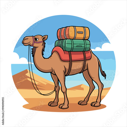 Camel Carrying Luggage Across Desert Dunes Vector Travel and Adventure