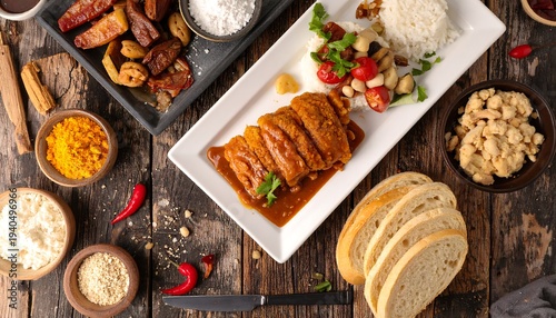 Overhead food arrangement cutlet, rice, roasted vegetables, potatoes, spices, bread, and seasonings on wood background