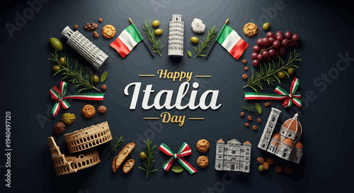 Happy Italia Day Celebration Featuring Iconic Italian Landmarks and Cultural Symbols, a Festive Arrangement Honoring Italy's Rich Heritage and European Charm