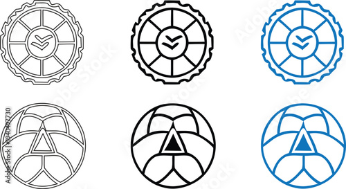 Collection of six distinct oval shaped logos with unique designs and color schemes