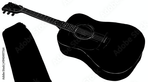 Black and white silhouette of an acoustic guitar and case, musical string instrument graphic, music equipment illustration