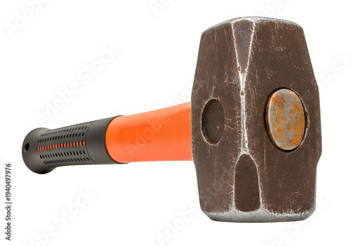 A large brown and orange sledgehammer on a white background isolated on transparent background