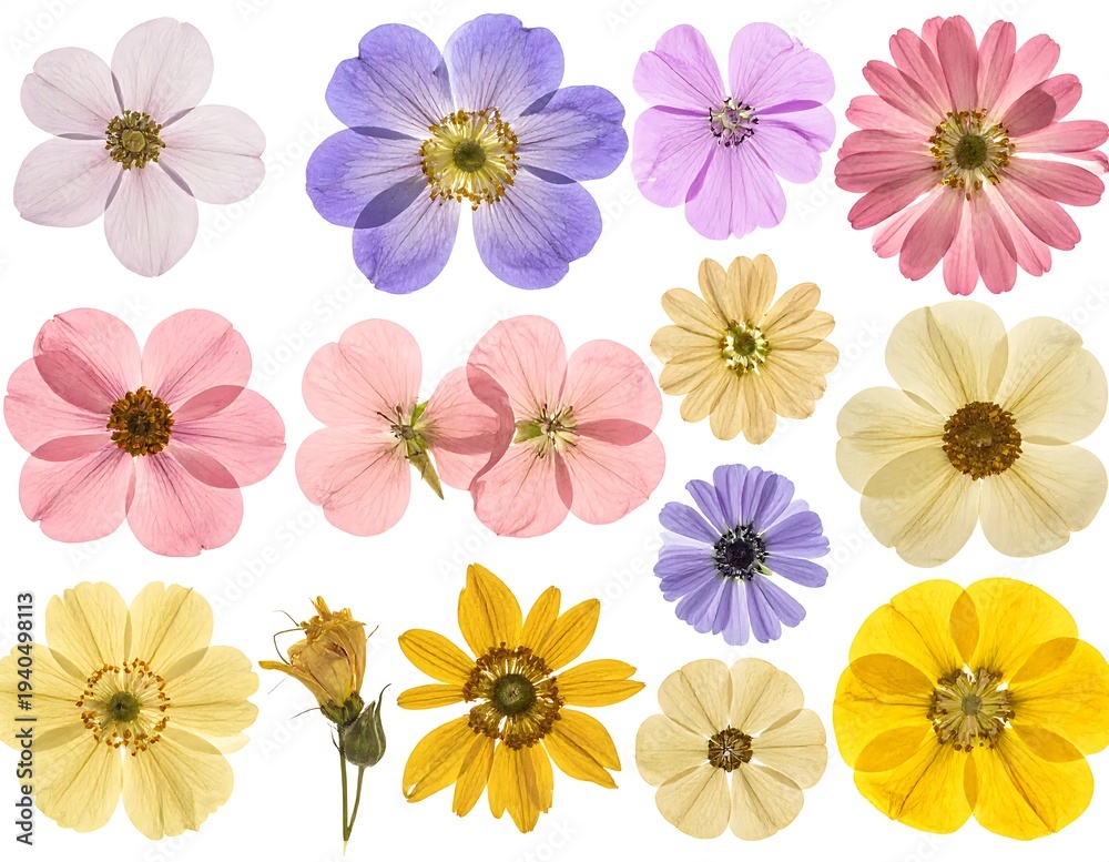 Fototapeta premium Pressed Flower Collection - A Vibrant Assortment of Dried Blooms.