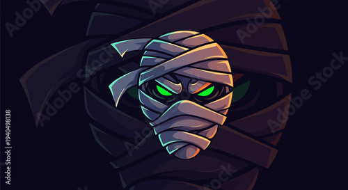 Mummy character with glowing green eyes, wrapped in bandages, evoking mystery and Halloween vibes