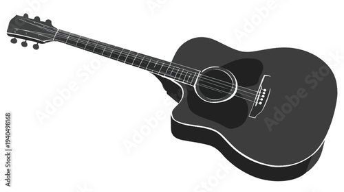Classic acoustic guitar, black and white illustration on a white background. Musical string instrument for melodies and songs.