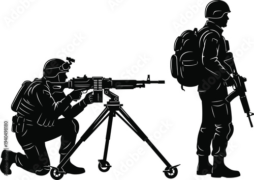Two soldiers with machine gun and rifle in black silhouette military