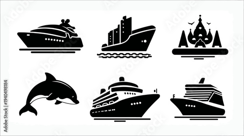 Set of marine transport icons featuring various ships, boats, cruise liners, yachts, cargo vessels, and a graceful dolphin silhouette.