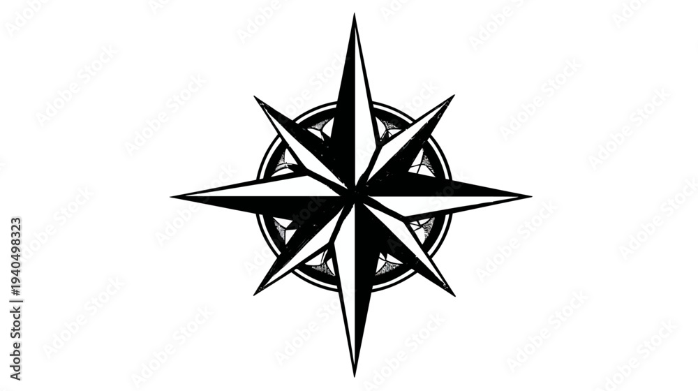 Fototapeta premium Stylized Black and White Compass Rose Icon. Navigation Symbol for Direction, Travel, Exploration, and Guidance. Vector Graphic.