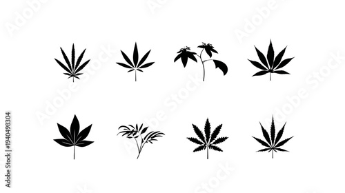 Cannabis Leaf Silhouettes Set. Collection of Marijuana Leaves, Hemp Plants, and Botanical Designs. Vector Icons.