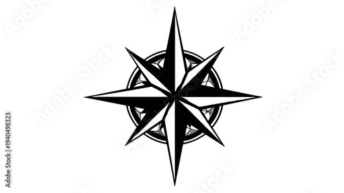 Stylized Black and White Compass Rose Icon. Navigation Symbol for Direction, Travel, Exploration, and Guidance. Vector Graphic.