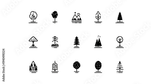 Set of minimalist black and white line art tree icons. Collection of nature, forest, and plant vector symbols for design.