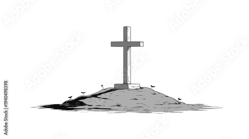 Simple Christian Cross on Grave Mound Illustration. Black and White Drawing Symbolizing Death, Remembrance, and Spirituality.