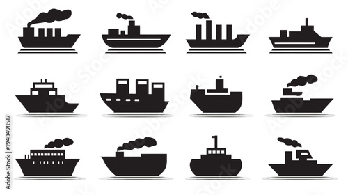 Set of diverse black silhouette ship and boat icons with smoke, representing various cargo, passenger, and naval vessels for transport