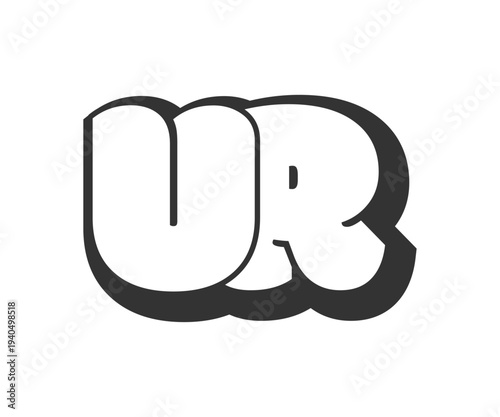 UR logo, bubble comic lettering, rounded in graffiti style black and white silhouette. Trendy preschool U and R letter text for festival party, personal initials, children funky print and web.