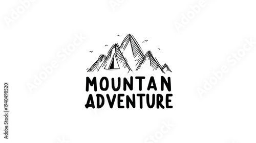 Hand-drawn mountain adventure logo with stylized peaks and flying birds, perfect for outdoor travel and nature exploration designs.
