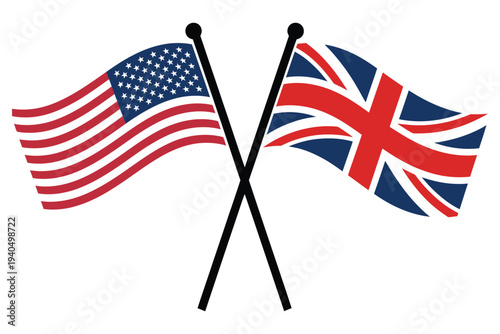 Crossed American and British Flags, symbolizing international relations. National flag icons of the United States and United Kingdom crossed in a symbolic gesture, representing diplomacy