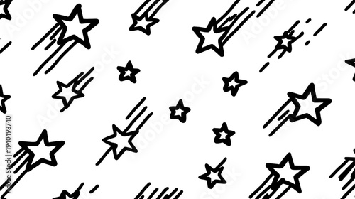 Hand-drawn seamless pattern of black outline shooting stars on a white background. Doodle style celestial design, abstract space theme.