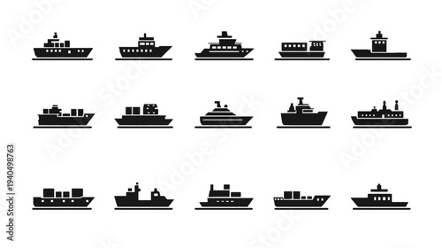 Collection of diverse ship and boat vector icons. Various sea transport vessel silhouettes for maritime and travel designs.
