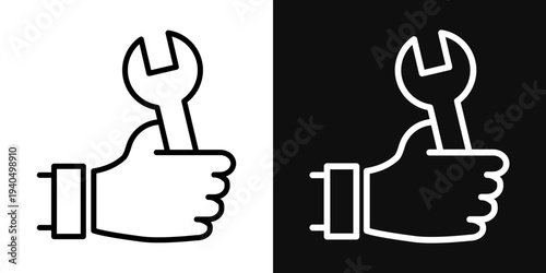 Spanner in hand icons set in black and white thin line stroke