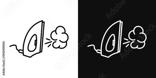Steaming iron icons set in black and white thin line stroke