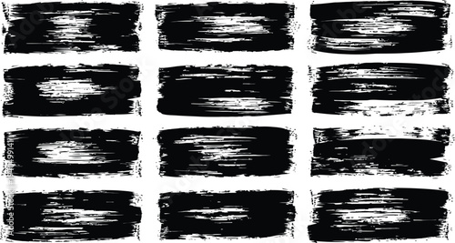 A 4x3 grid of black and white abstract rectangular brushstrokes on a white background