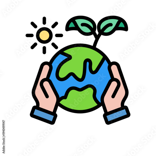 Hands Holding Earth Globe with Sprout and Sun Concept