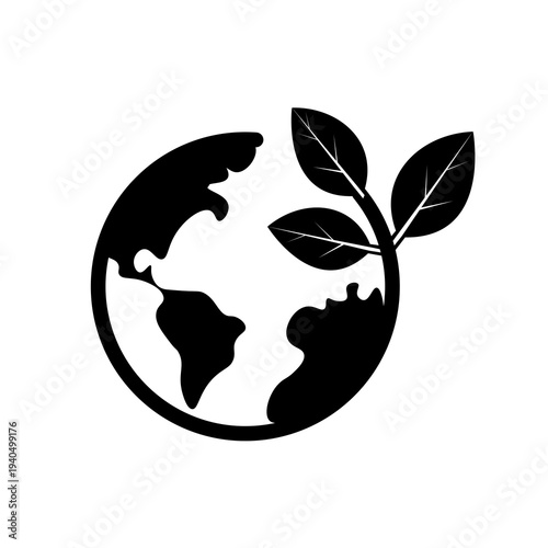 Minimalist black and white earth globe icon with growing green leaves.