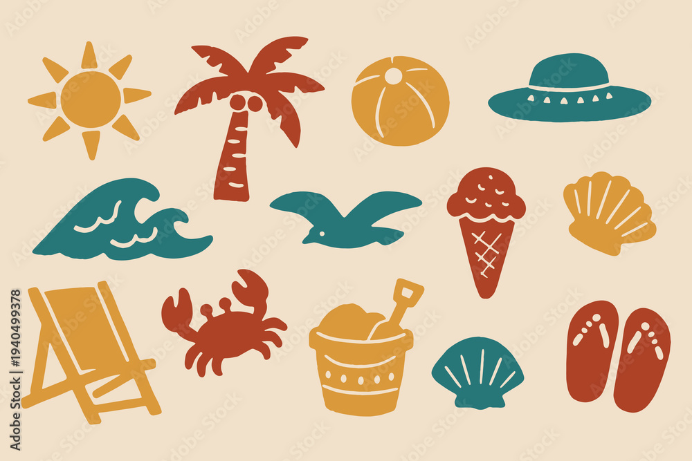 Fototapeta premium Beach vacation set minimal flat vector illustration