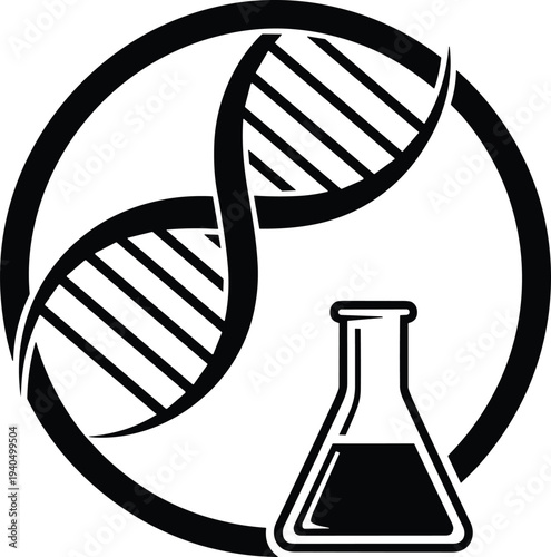 DNA helix and laboratory flask vector illustration representing genetics, molecular biology, scientific research, biotechnology, and experimental science concepts