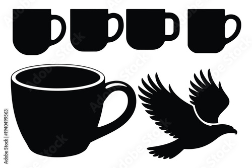 Black silhouettes of coffee mugs and a flying bird