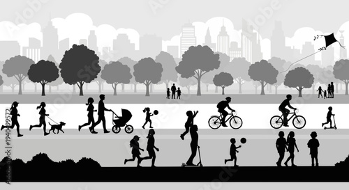 People engaging in various outdoor activities in a park.