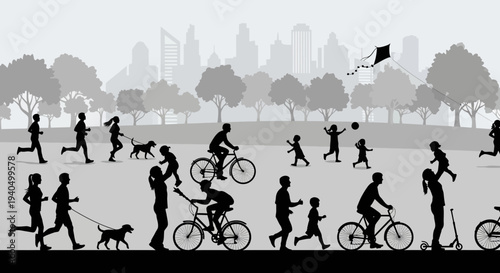 People engaging in various outdoor activities in a park with city skyline.