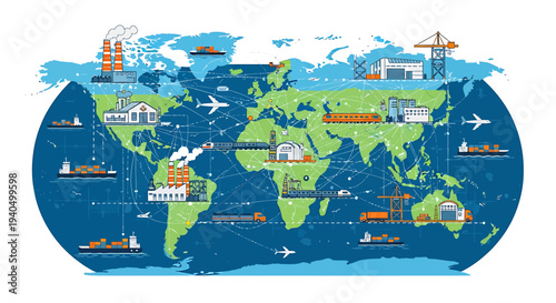 Global Industrial Infrastructure and Supply Chain Network Across World Map Illustration, Highlighting International Trade and Economic Logistics