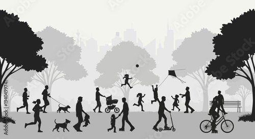 People enjoying leisure activities in a park with trees and cityscape background.