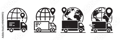 Delivery truck icons with earth map and location pin, shipping logistics illustration