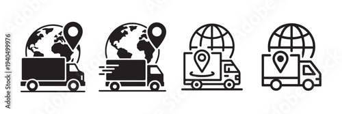 Truck vector icon set with world map and location marker