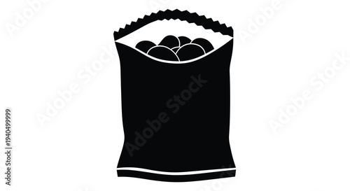 Black silhouette of an open snack bag filled with chips silhouette