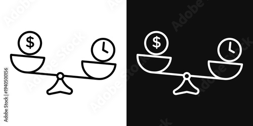 Time and money scale icons set in black and white thin line stroke