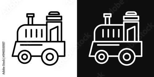 Toy train icons set in black and white thin line stroke
